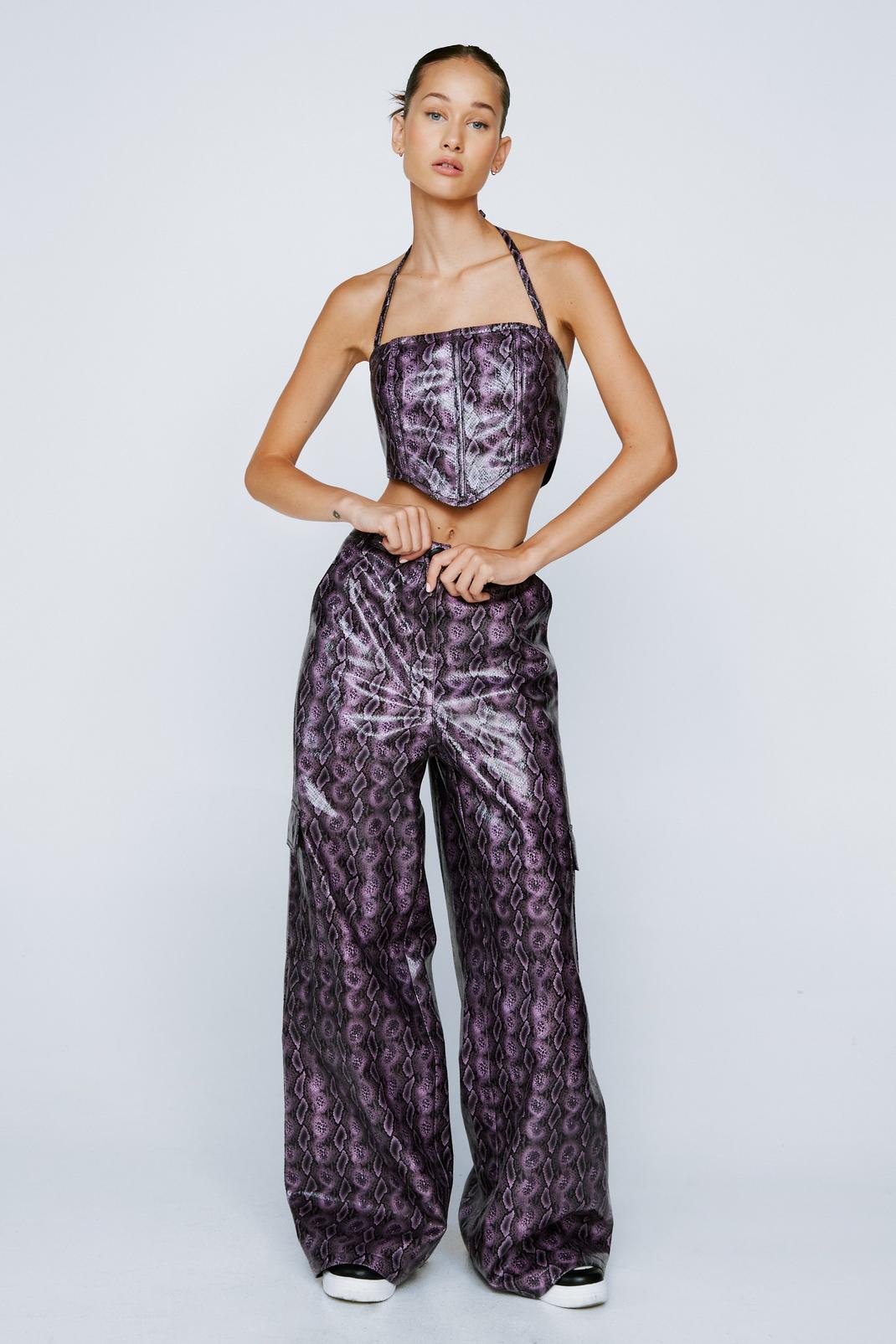 Purple Faux Leather Snake Print Pants image number 1
