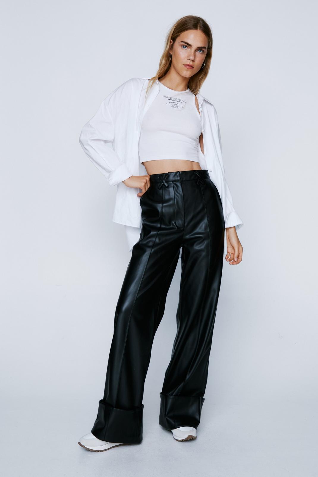 Black Faux Leather Turn Up Hem Wide Leg Trousers image number 1