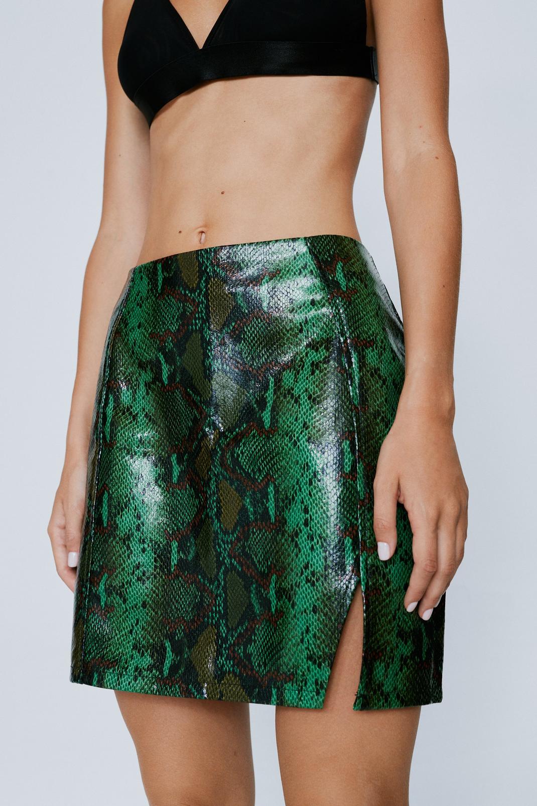 Green Faux Leather Snake Print Mini Skirt image number 1