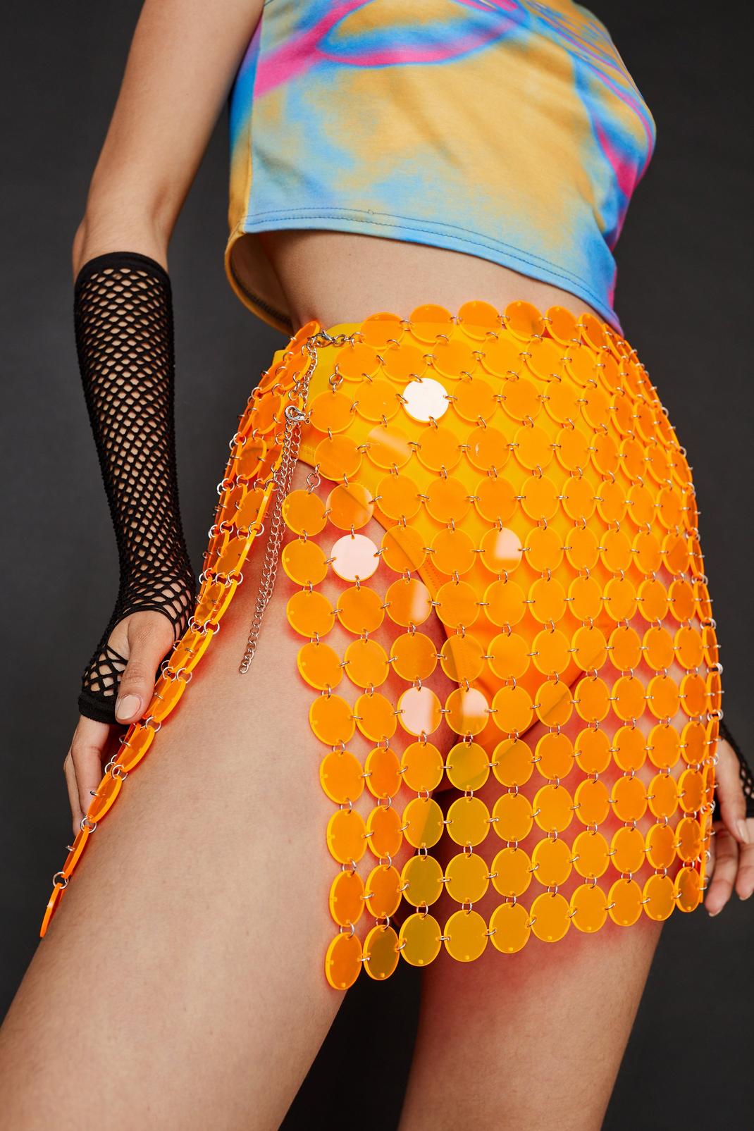 Neon-orange Neon Disc Chainmail Sequin Mini Skirt image number 1