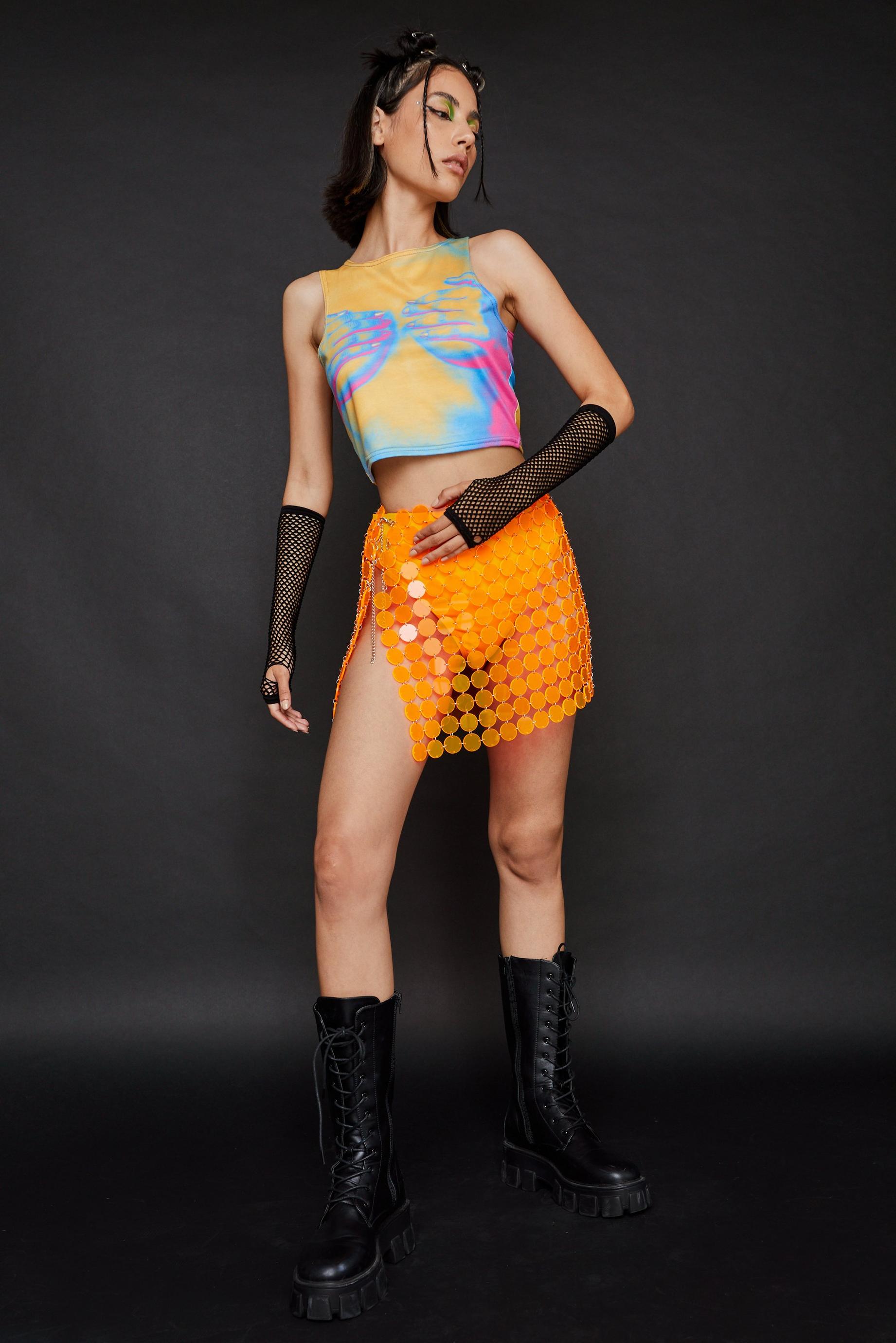 Neon Disc Chainmail Sequin Mini Skirt