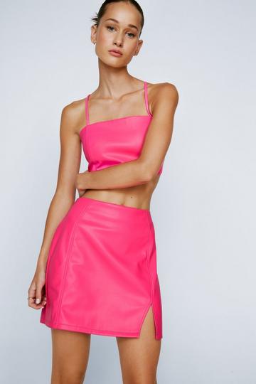Pink Faux Leather Mini Skirt With Split