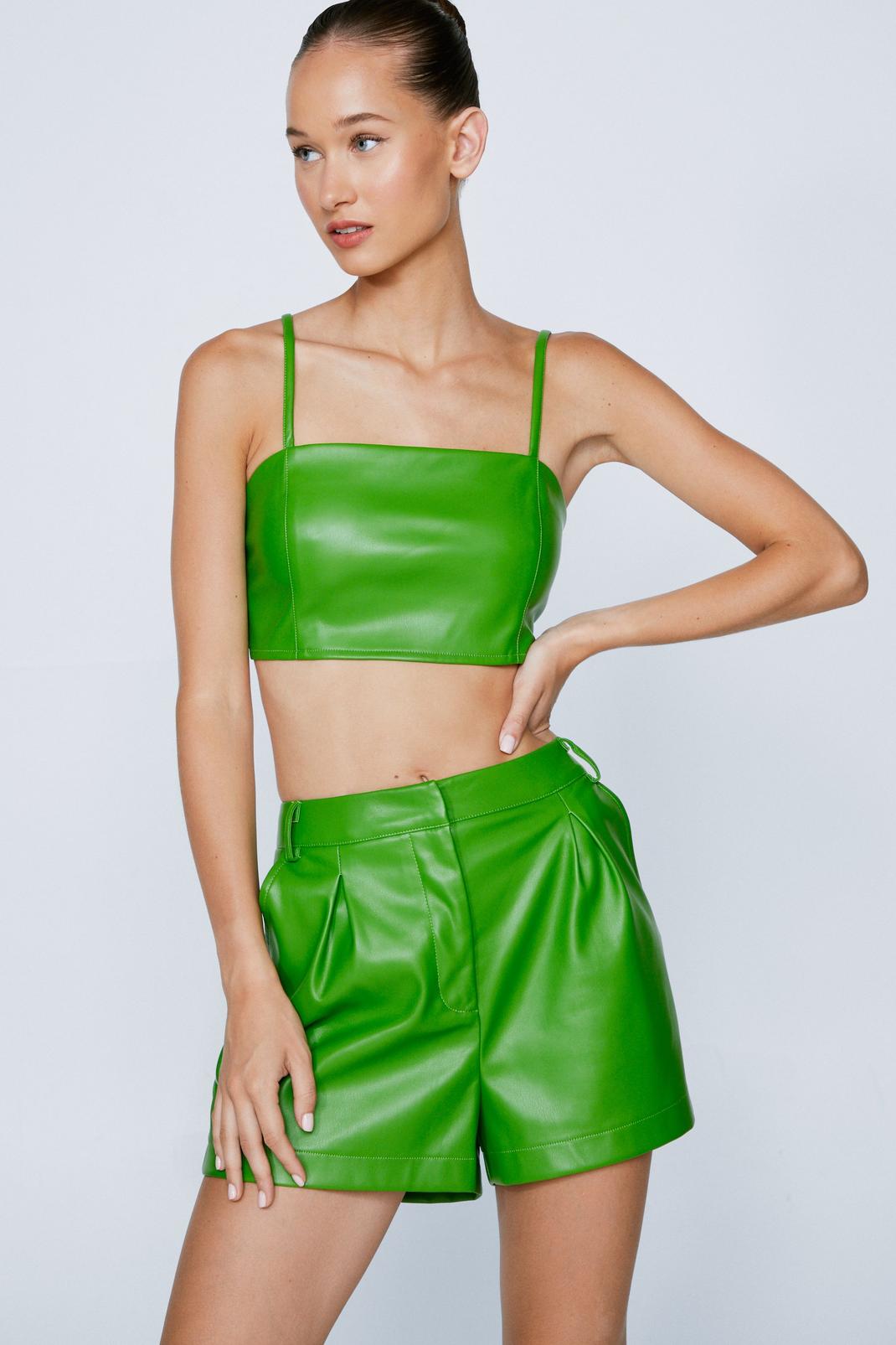 Bright green Faux Leather High Waisted Shorts image number 1