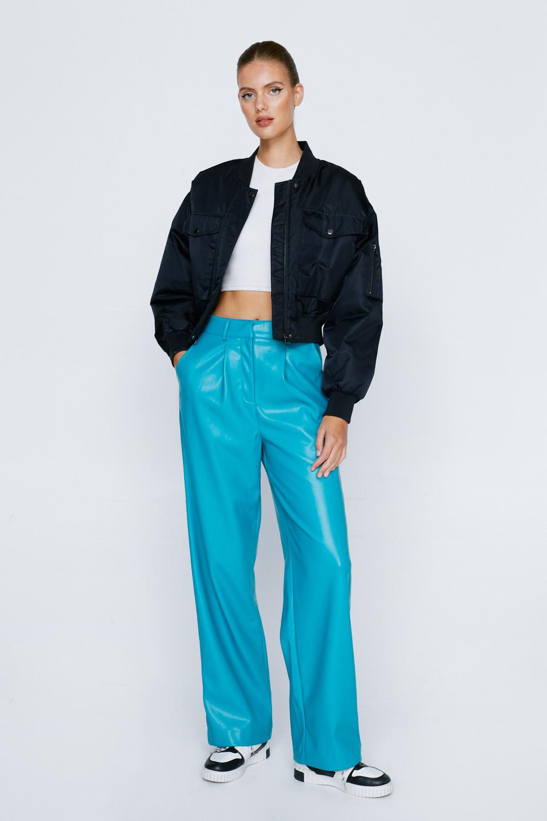 Turquoise Faux Leather Straight Leg Pants image number 1