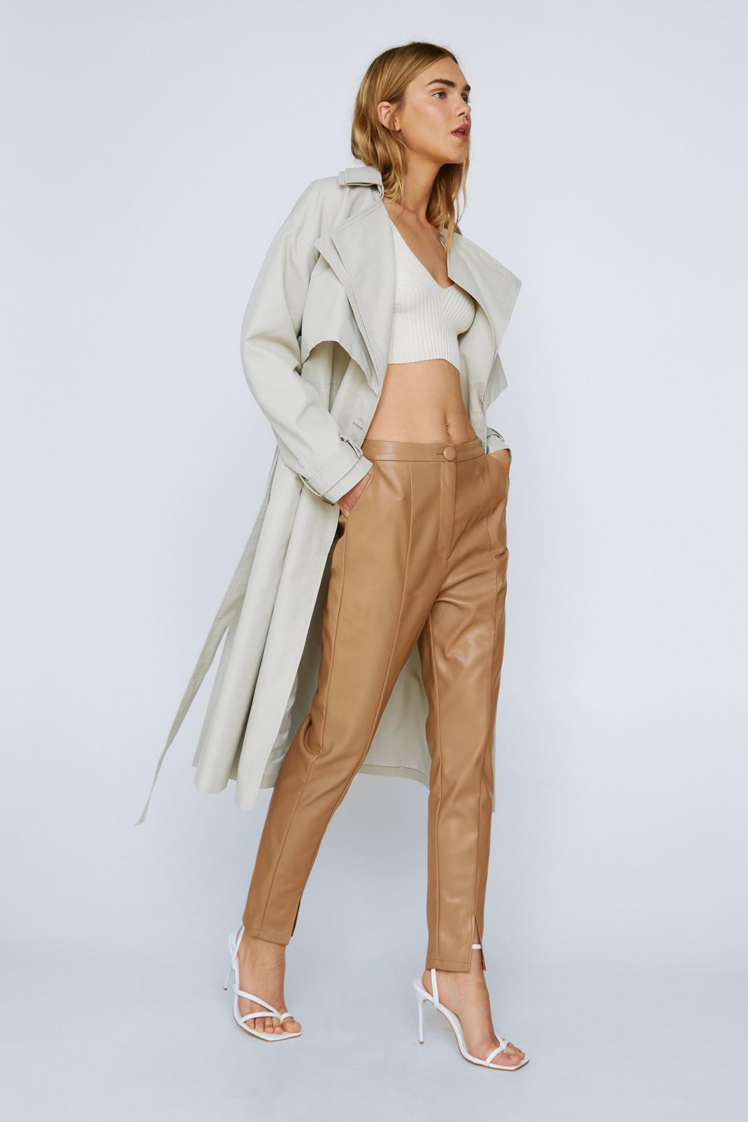 Beige Faux Leather Skinny Split Front Trousers image number 1