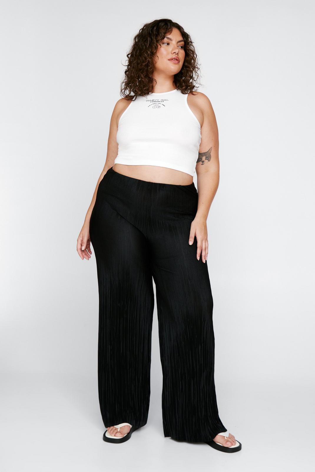 Black Plus Size High Waisted Plisse Trousers image number 1