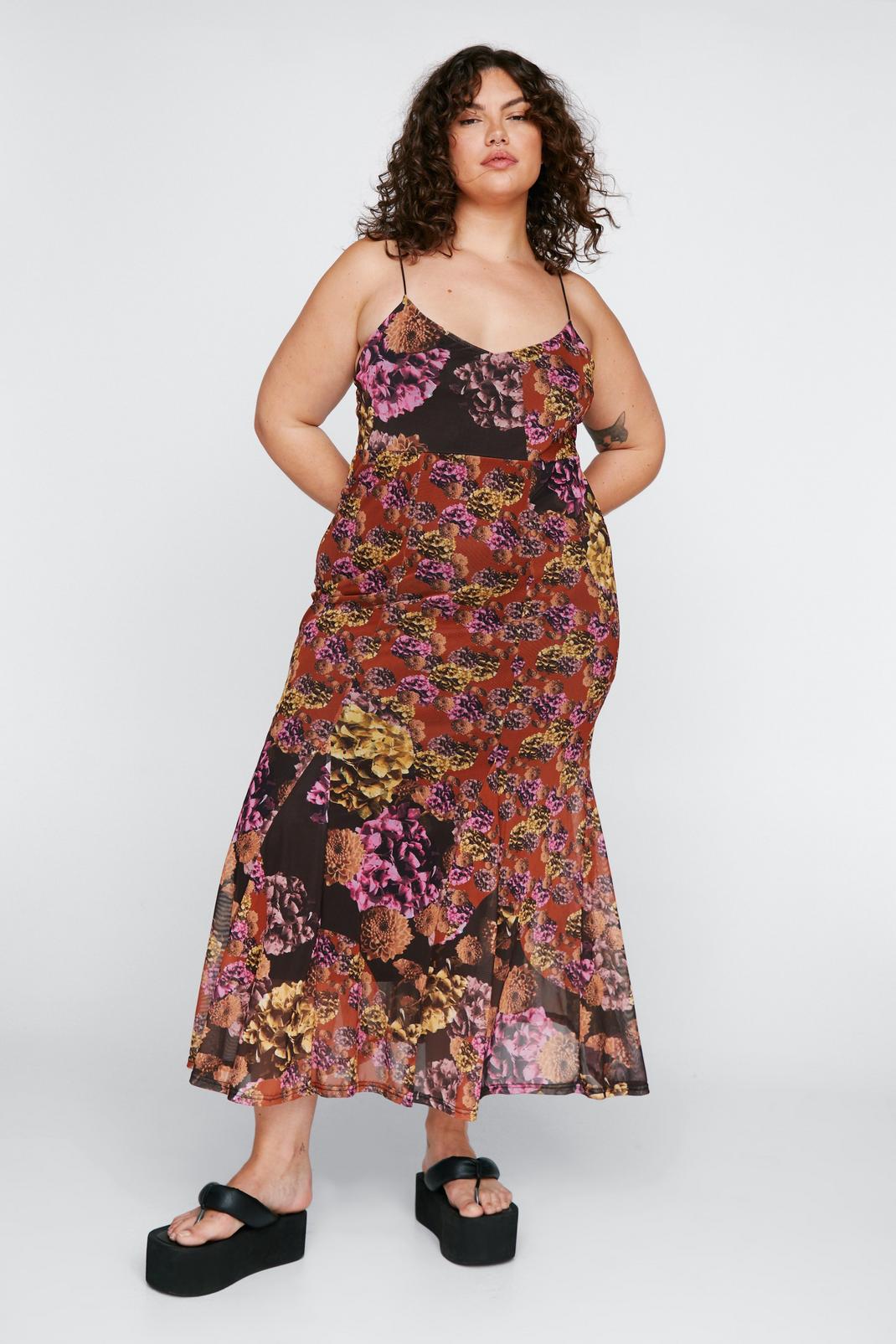 Purple Plus Size Floral Print Mesh Midi Dress image number 1