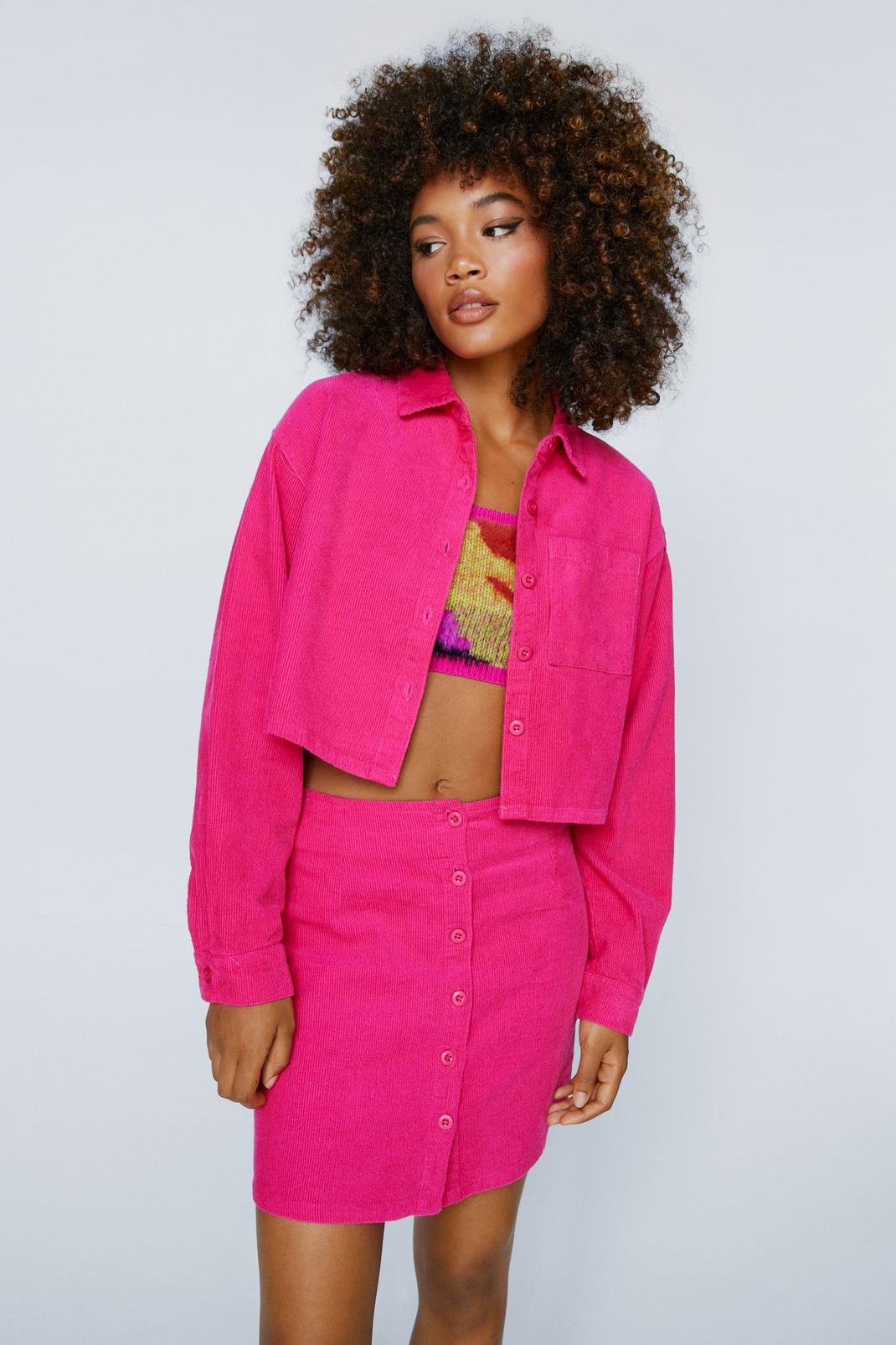 Fuchsia Cord Cropped Collared Shirt With Pocket image number 1
