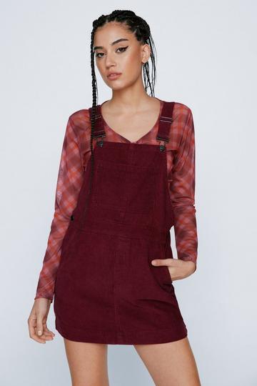 Cord Pocket Front Overall Mini Dress burgundy