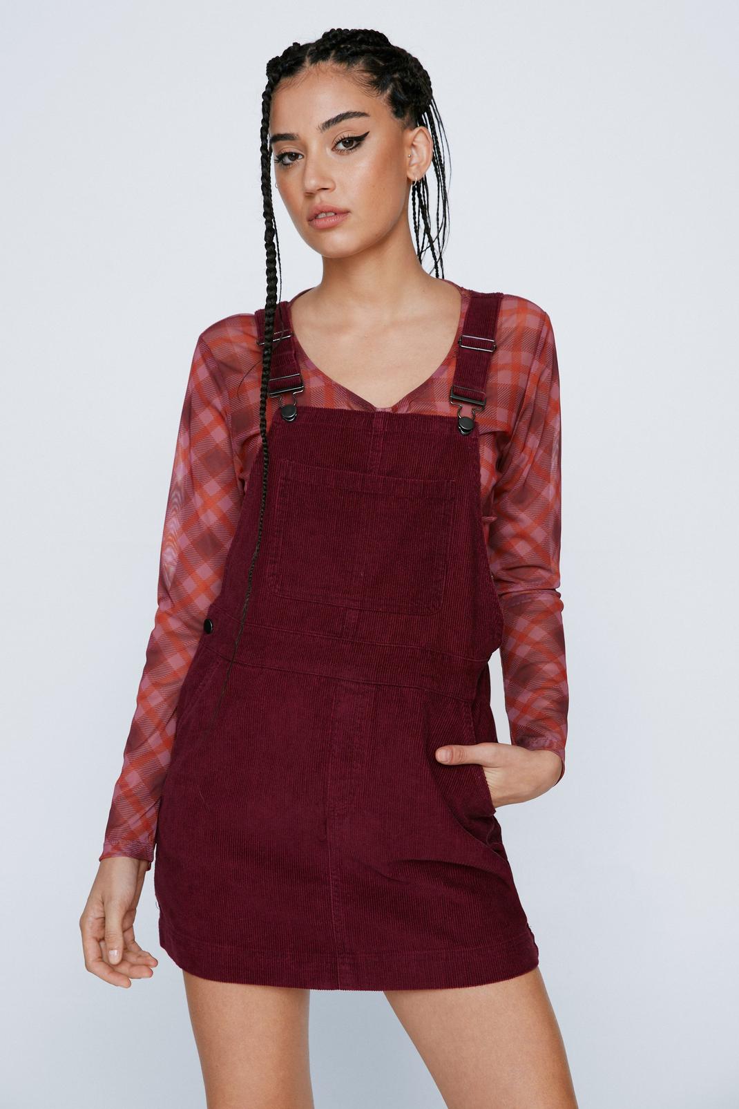Burgundy Cord Pocket Front Overall Mini Dress image number 1