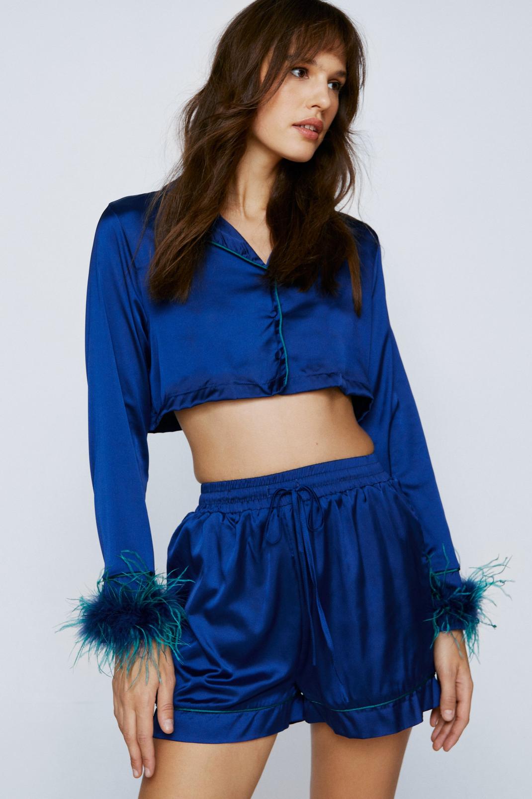 Navy Ombre Feather Cropped Shirt & Shorts Pajama Set image number 1