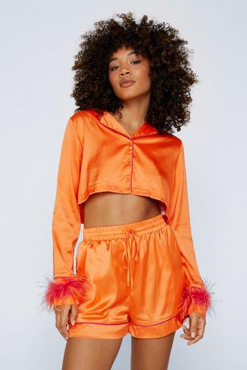 Ombre Feather Cropped Shirt & Shorts PJ Set orange