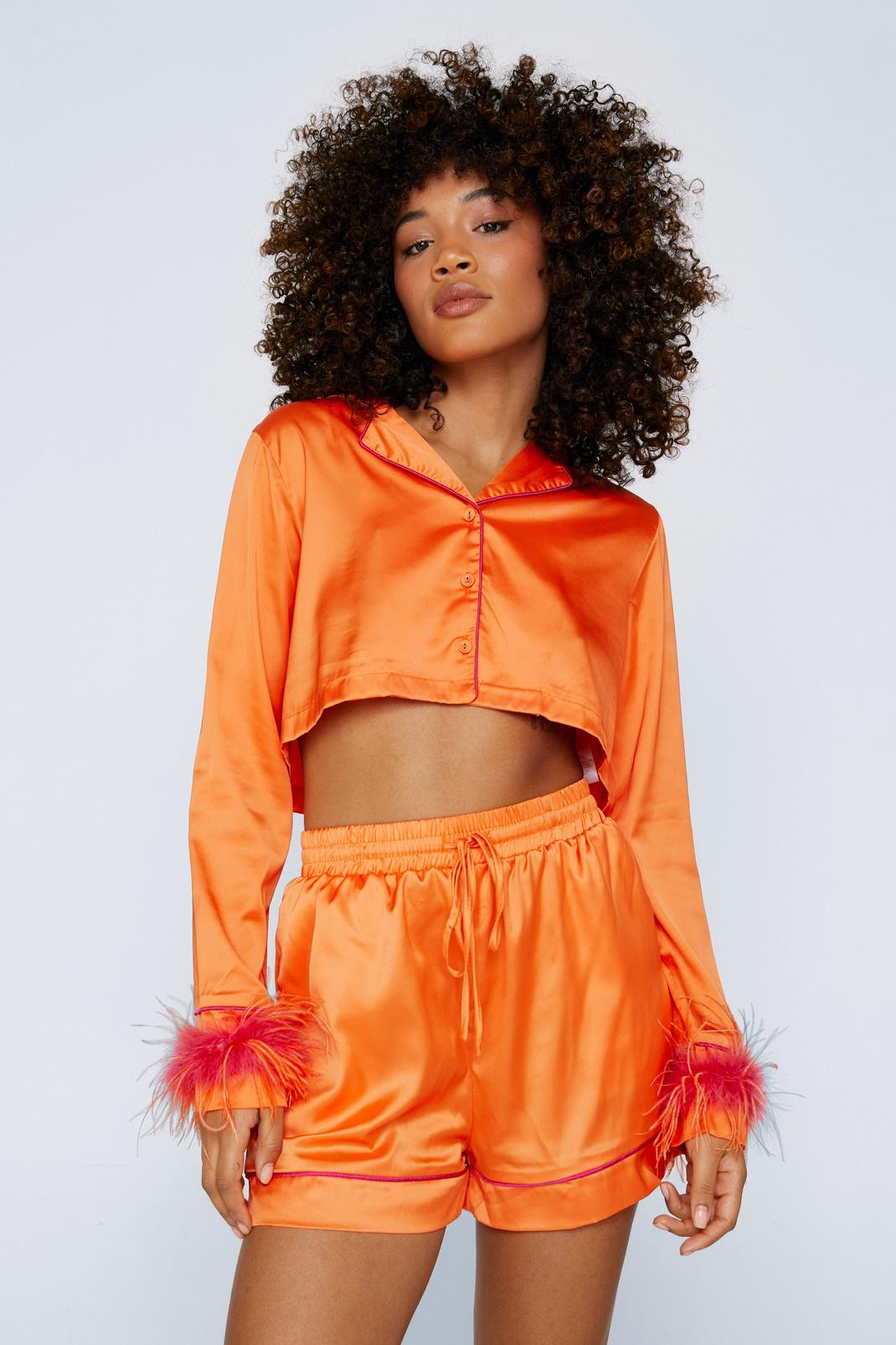 Orange Ombre Feather Cropped Shirt and Short Pyjama Set image number 1