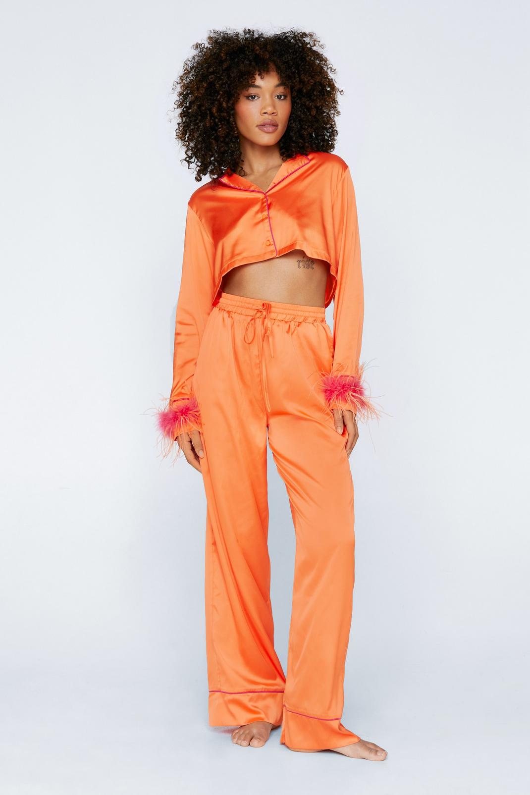 Orange Ombre Feather Cropped Shirt & Pants Pajama Set image number 1