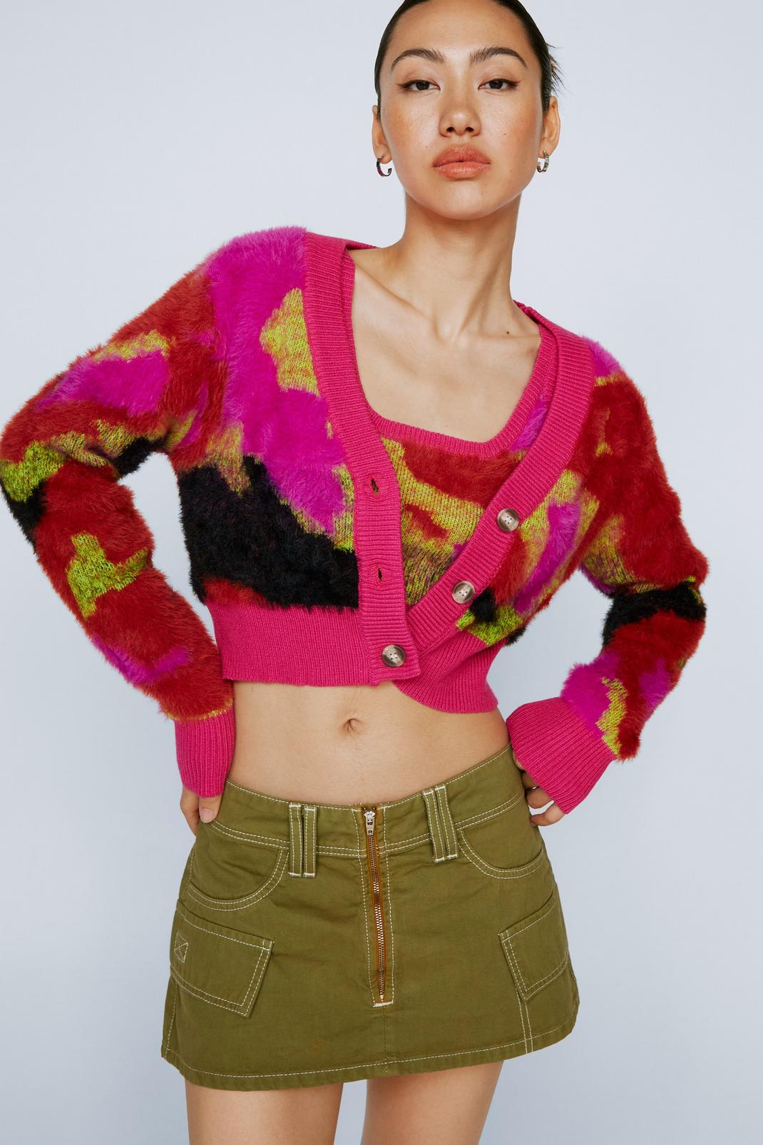 Pink Abstract Print Fluffy Cropped Cardigan  image number 1