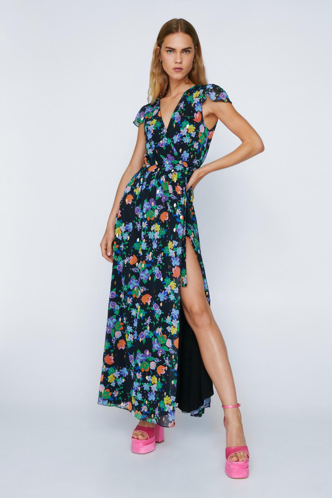 Navy Foiled Floral Print Wrap Maxi Dress image number 1