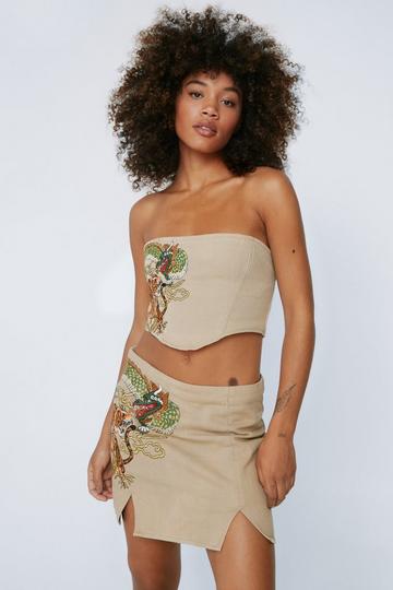Dragon Embroidered Washed Pelmet Skirt camel