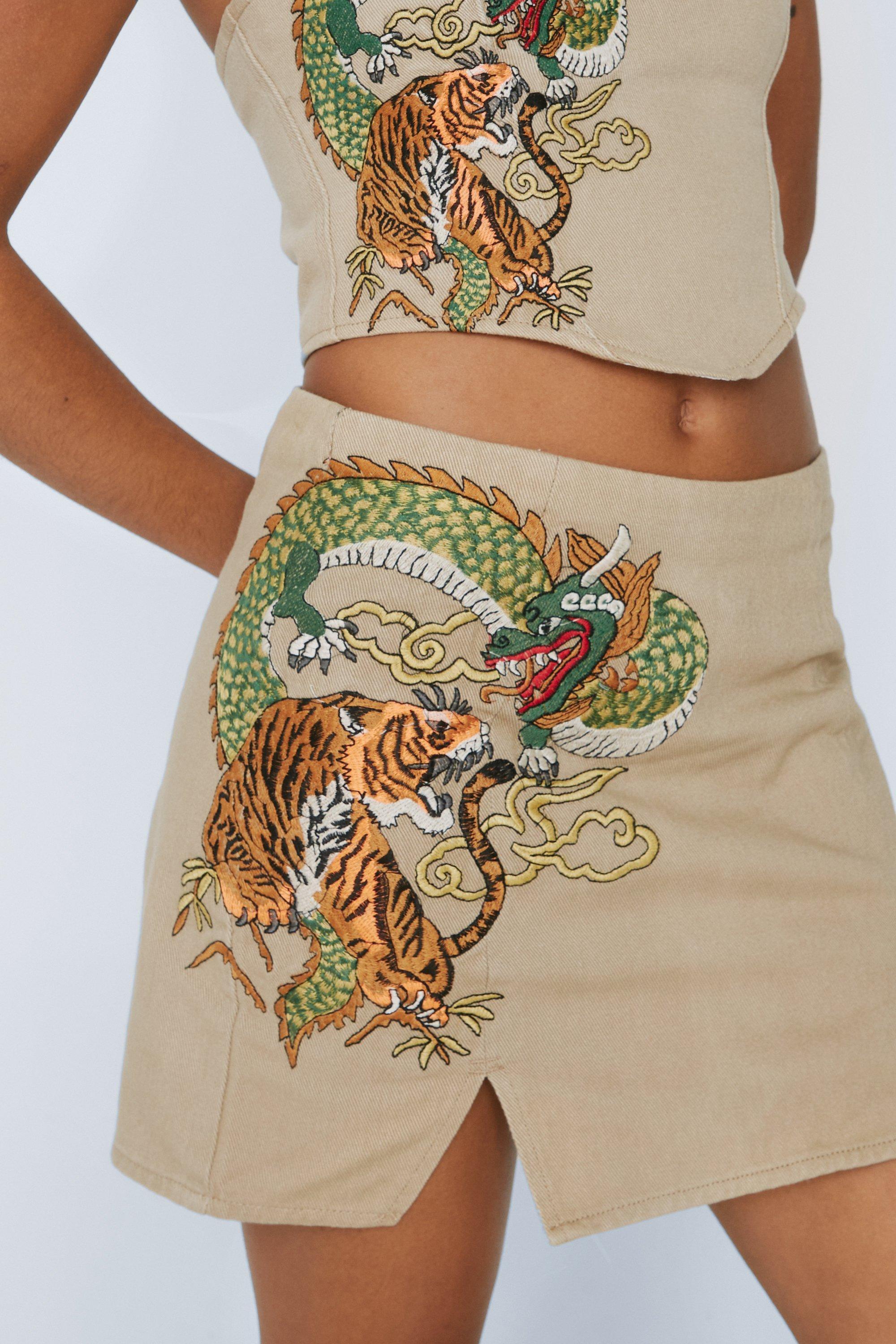 Dragon Embroidered Washed Pelmet Skirt