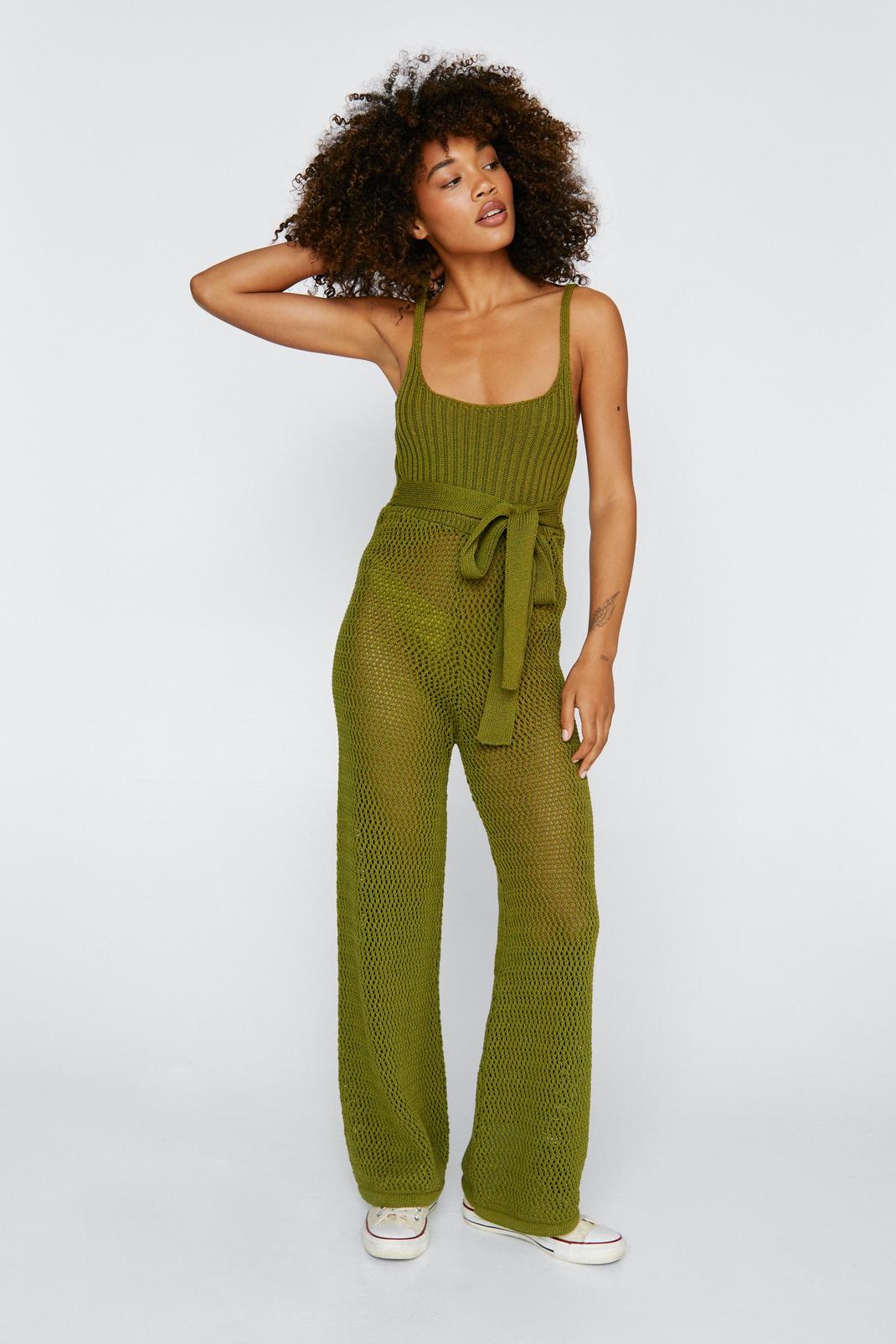 Khaki Crochet Mesh Stitch Ribbed Strappy Jumpsuit image number 1