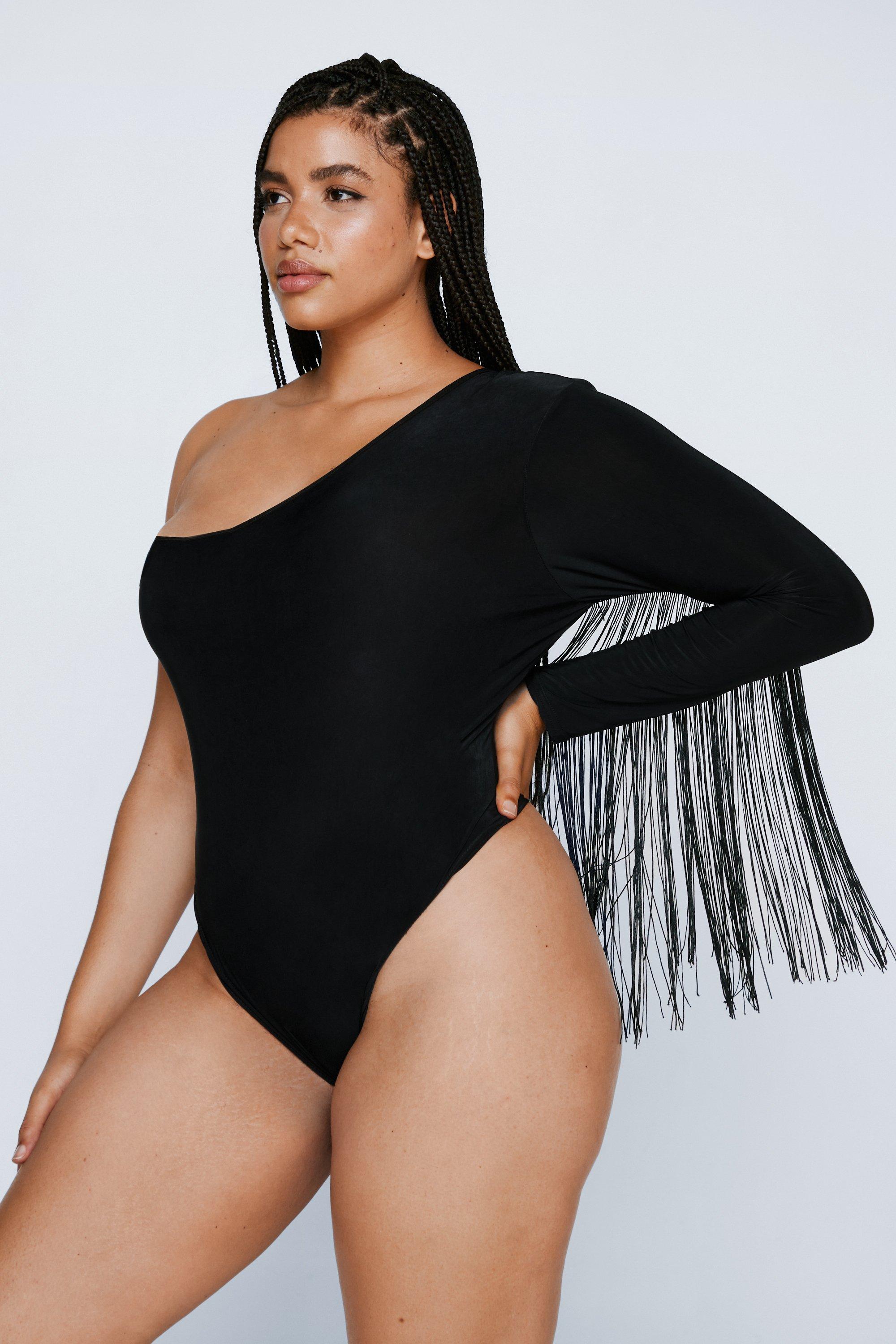 Plus Size One Shoulder Fringed Bodysuit