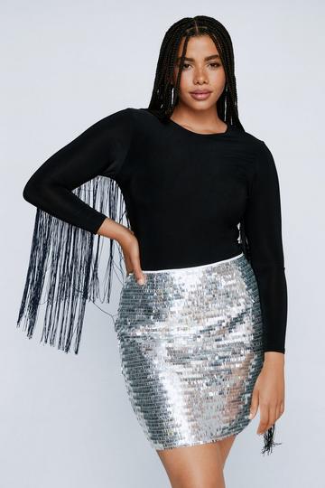 Black Plus Size Fringed Long Sleeve Bodysuit