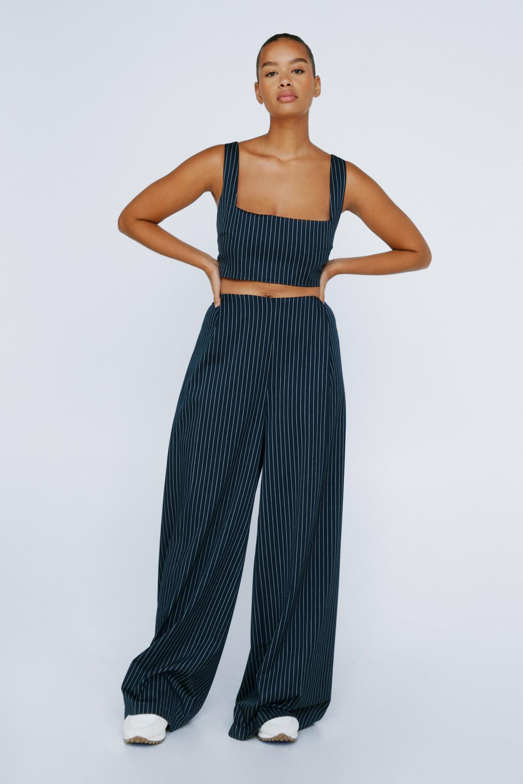 Navy Plus Size Pinstripe Print Tailored Pants image number 1
