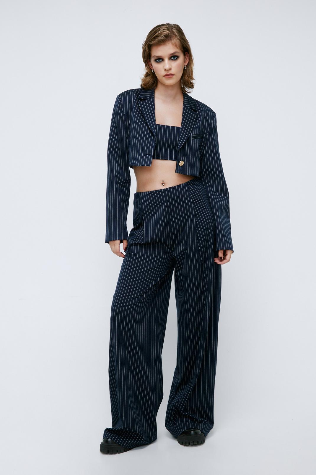Navy Pinstripe Print Tailored Wide Leg Trousers image number 1