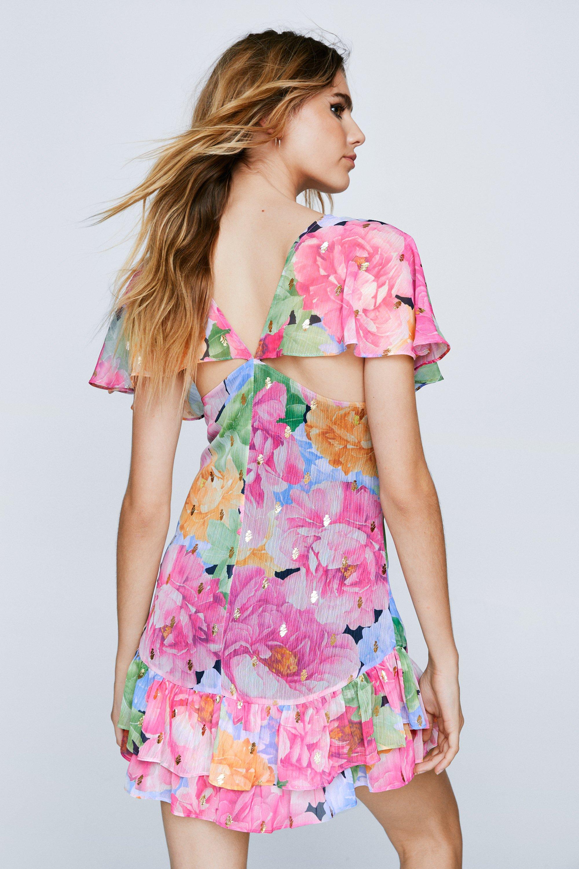 Foiled Floral Print Ruffle Hem Mini Dress