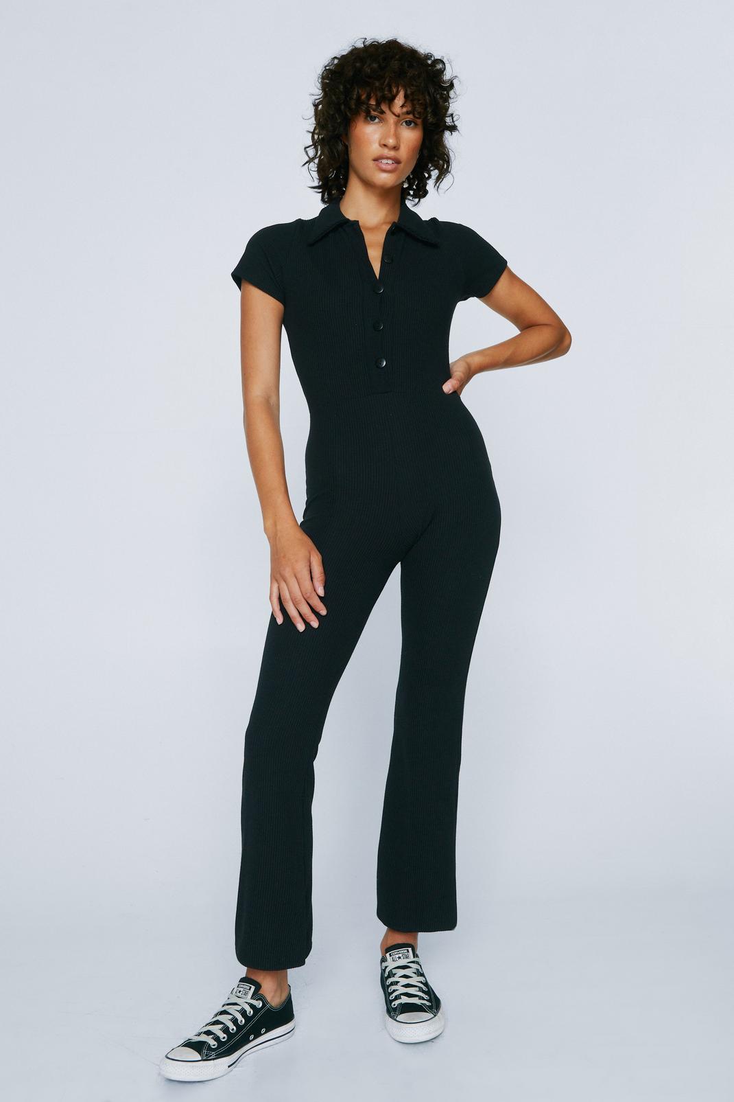 Black Petite Ribbed Collar Button Up Jumpsuit  image number 1