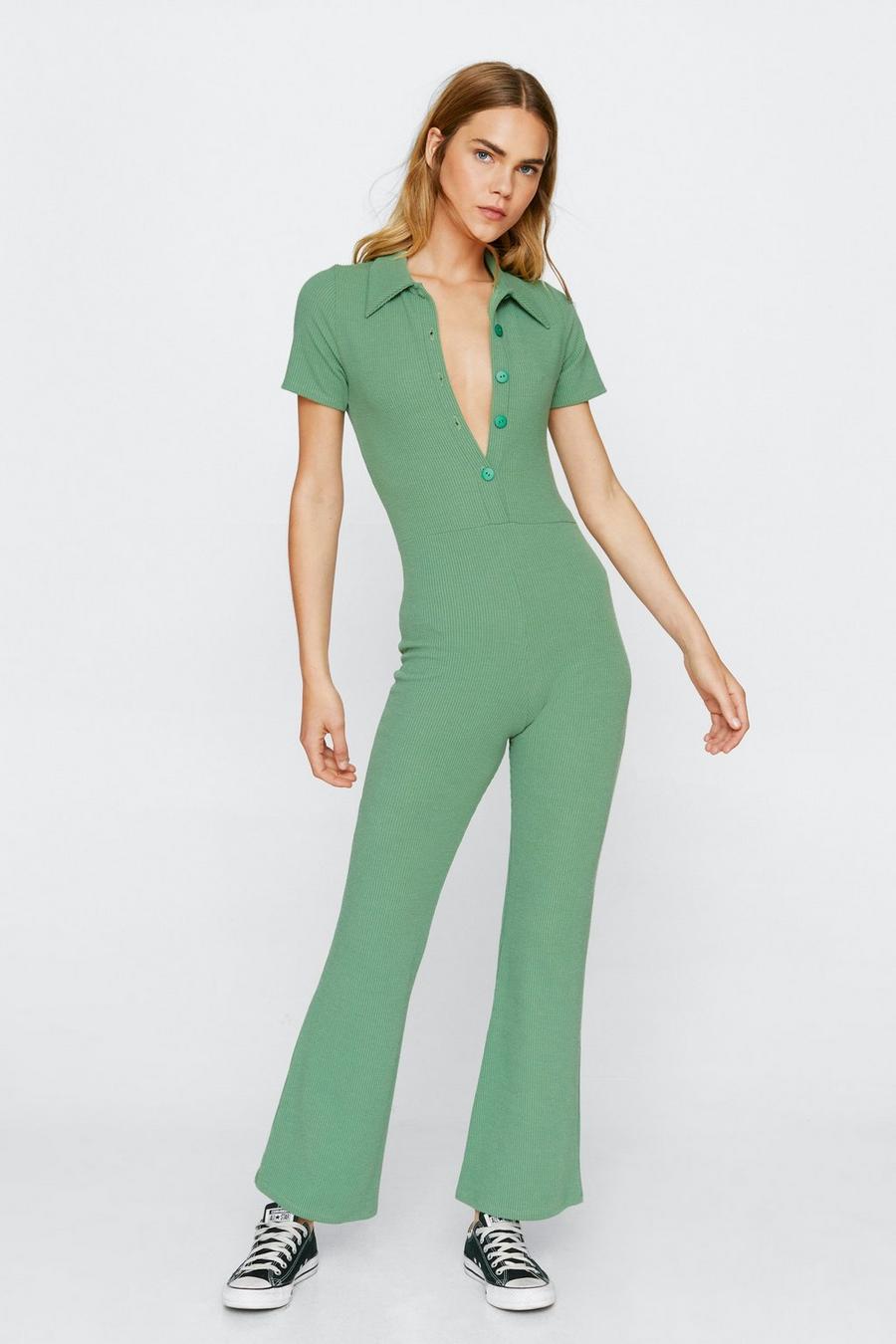 Petite Ribbed Collar Button Up Jumpsuit