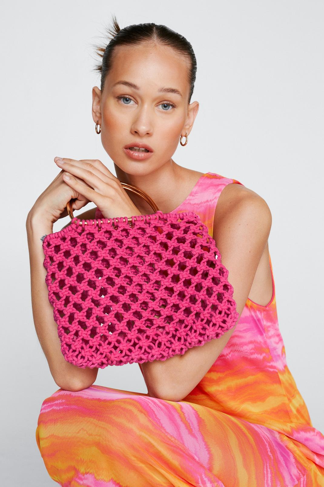 Fuchsia Grab Handle Crochet Tote Bag image number 1