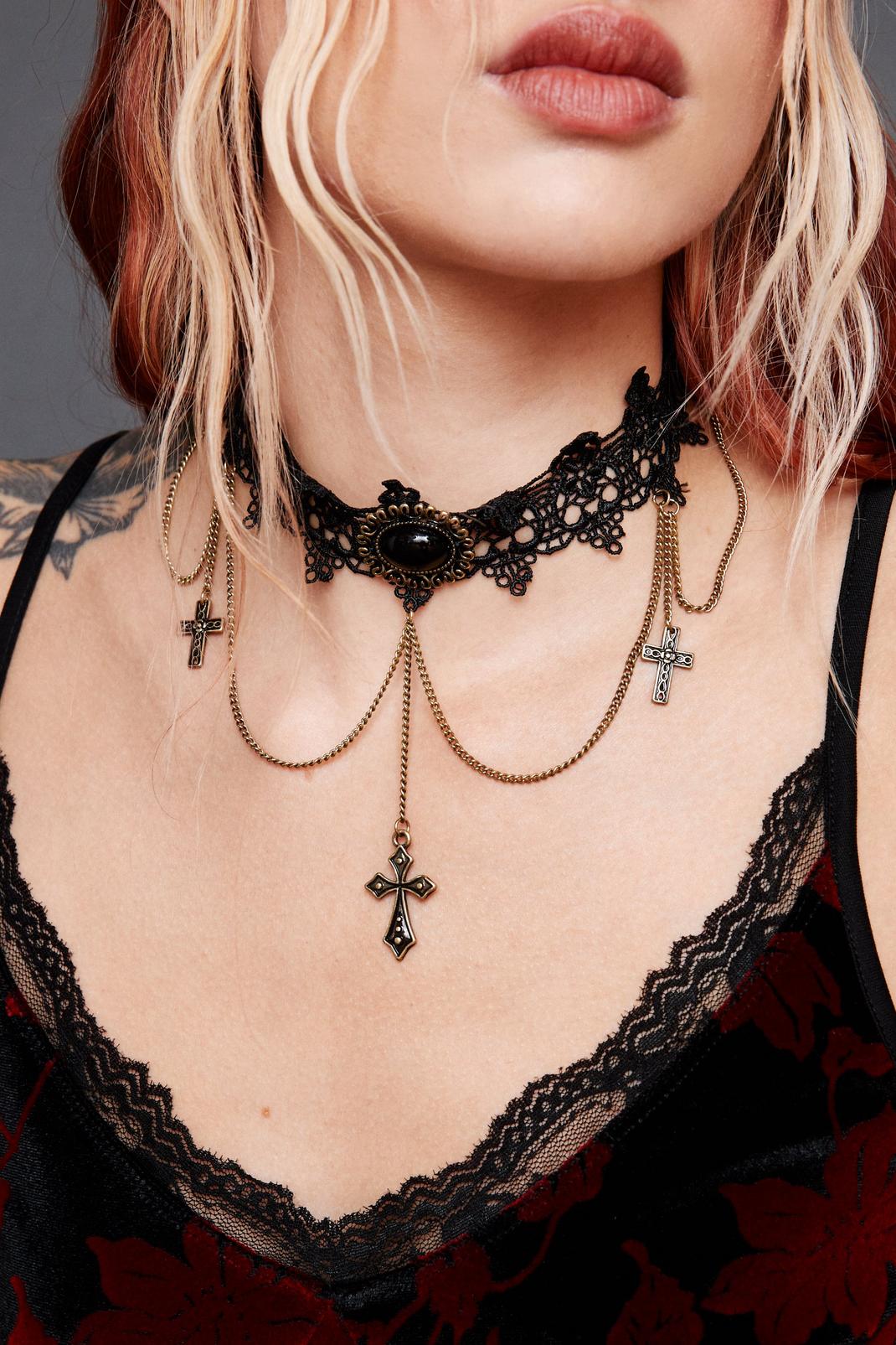 Black Cross And Chain Lace Choker Necklace image number 1