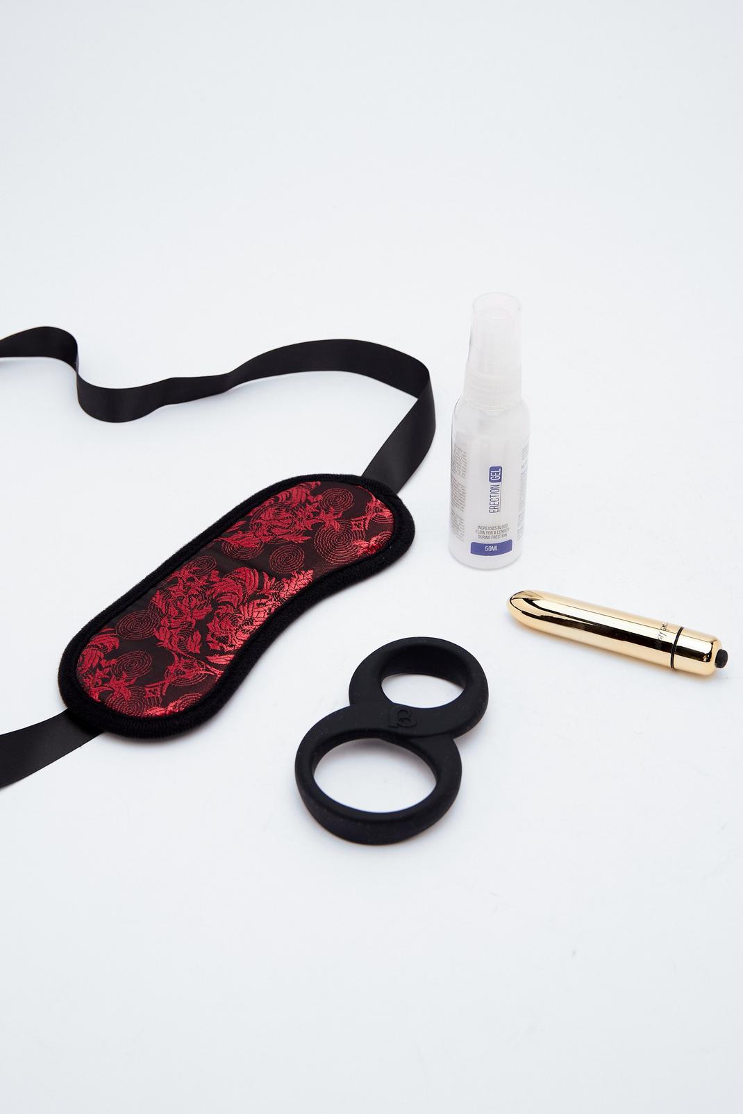 Red Vibrator, Cock Ring, Erection Gel, & Blindfold Sex Toy Set image number 1