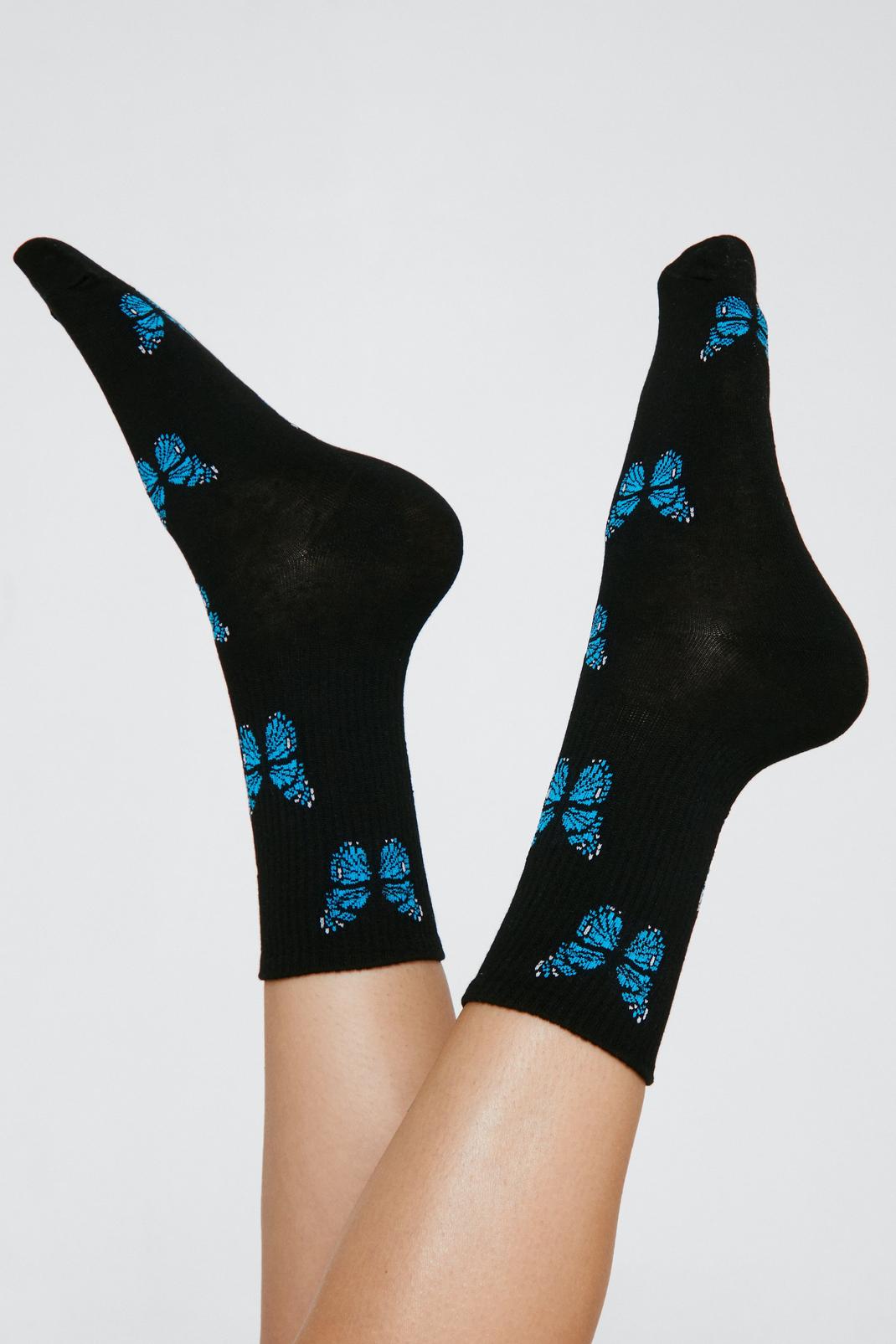 Black Butterfly Print Ankle Socks image number 1