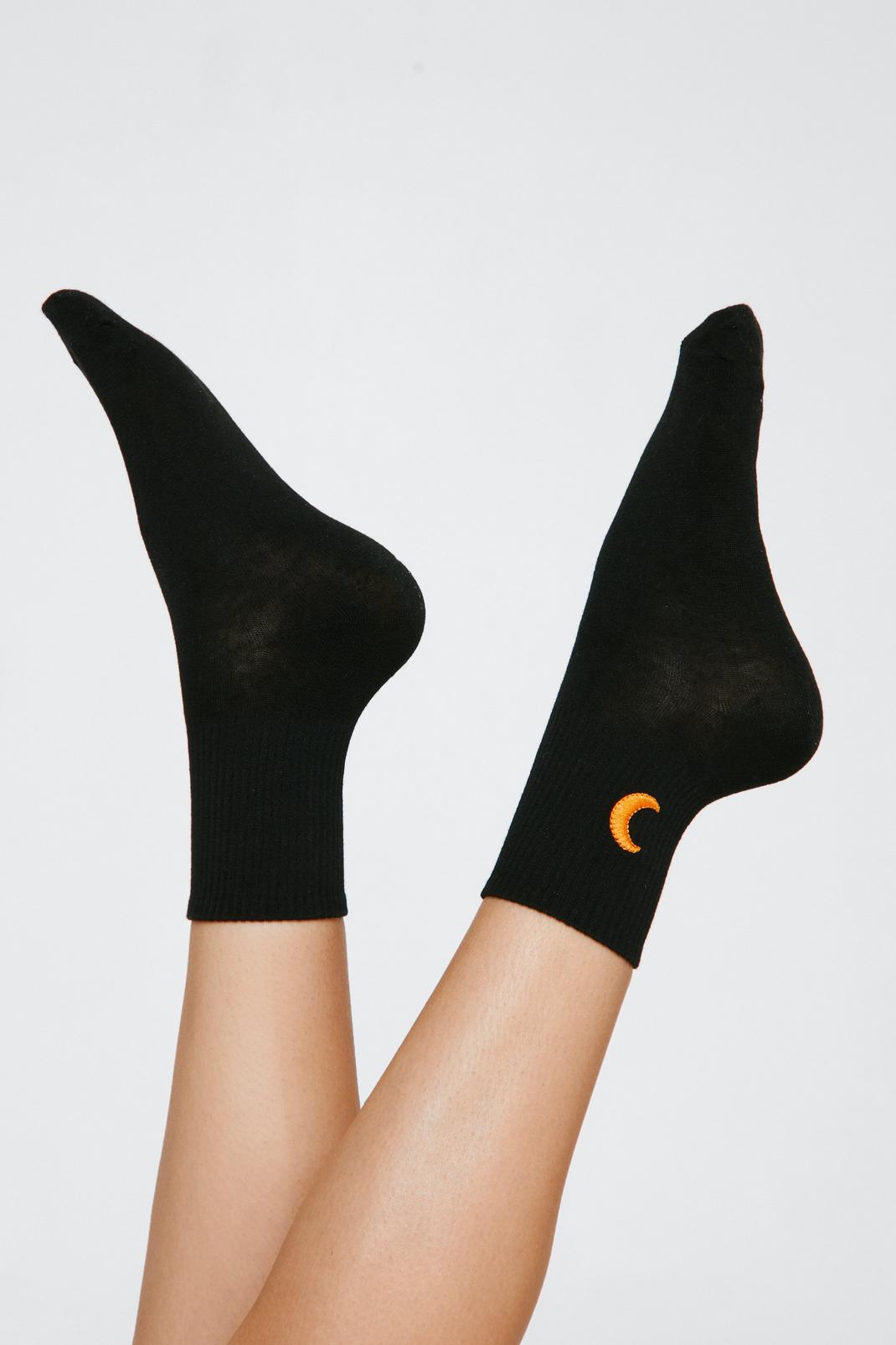 Black Moon Embroidered Ankle Socks image number 1