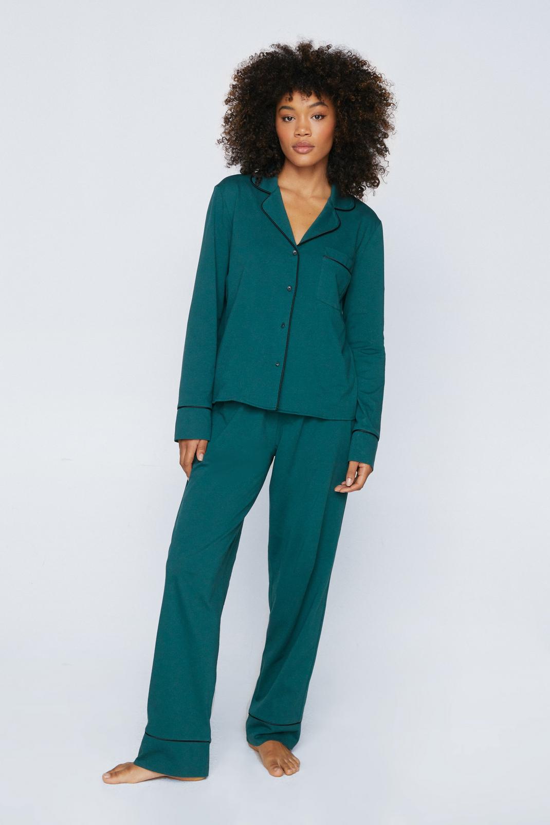 Green Contrast Jersey Pyjama Shirt And Trouser Set image number 1