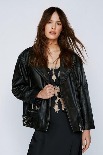Real Leather Oversized Zip Detail Moto Jacket black