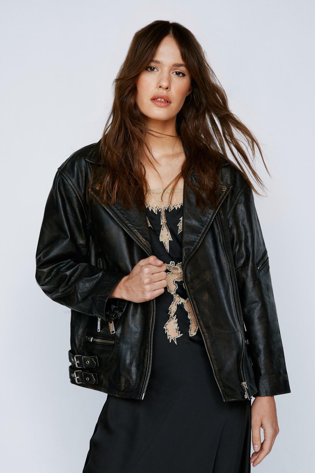 Black Real Leather Oversized Zip Detail Moto Jacket image number 1