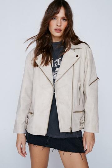 Real Leather Oversized Zip Detail Moto Jacket off white