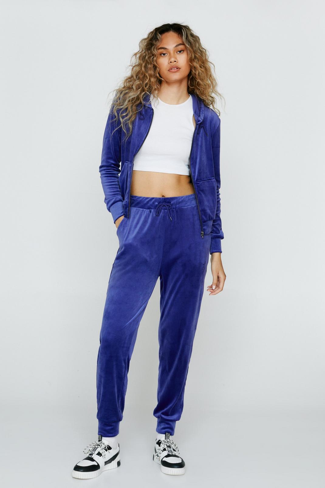 Blue Velour Zip Up Hoodie and Sweatpants Two Piece Set image number 1