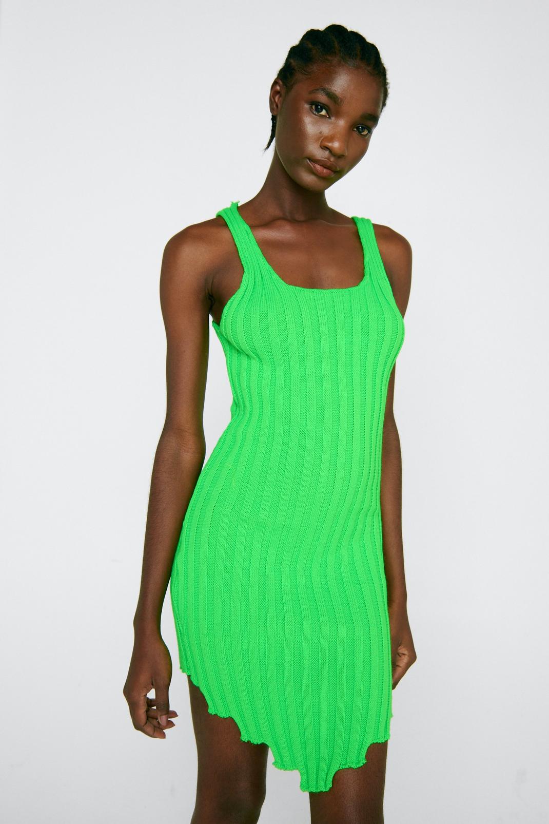 Green Asymmetric Hem Ribbed Knitted Mini Dress image number 1