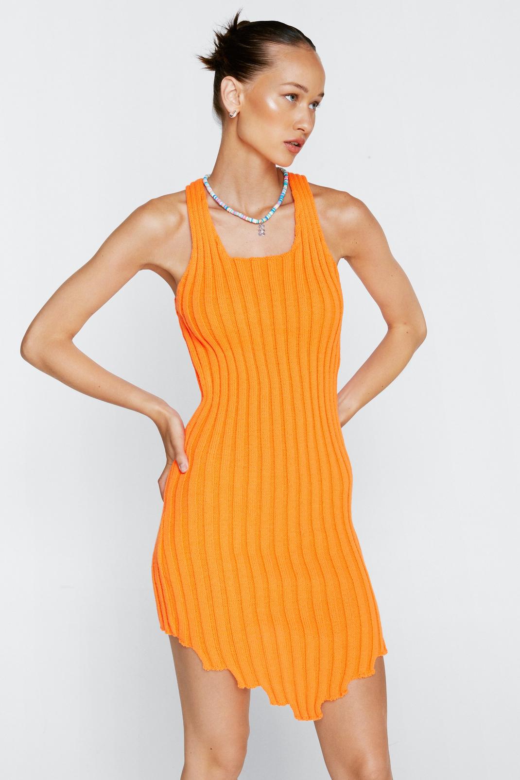 Orange Asymmetric Hem Ribbed Knitted Mini Dress image number 1