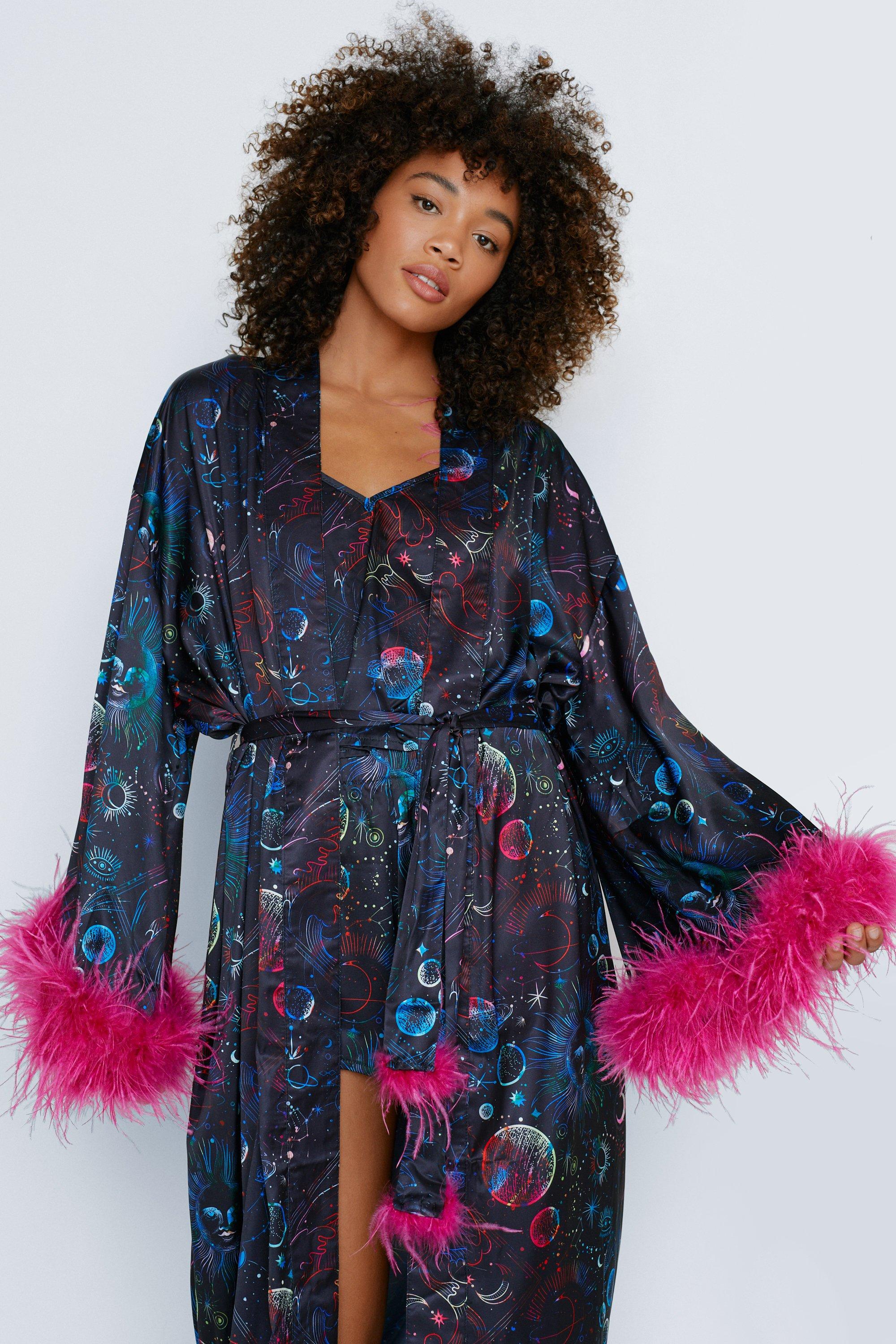 Plus Kimono Robe With Fluffy Trim