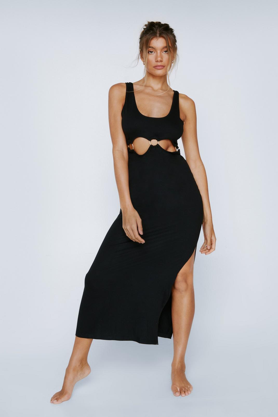 Black O Ring Cut Out Jersey Cover Up Maxi Dress image number 1