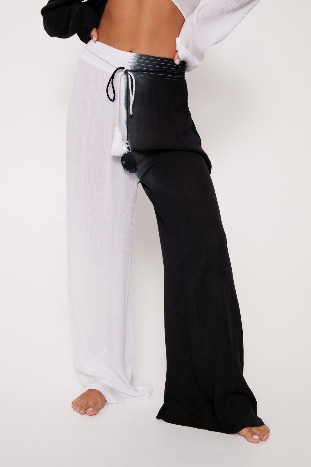 Pantalon en viscose froncé bicolore tie dye à cordelettes, Black image number 1