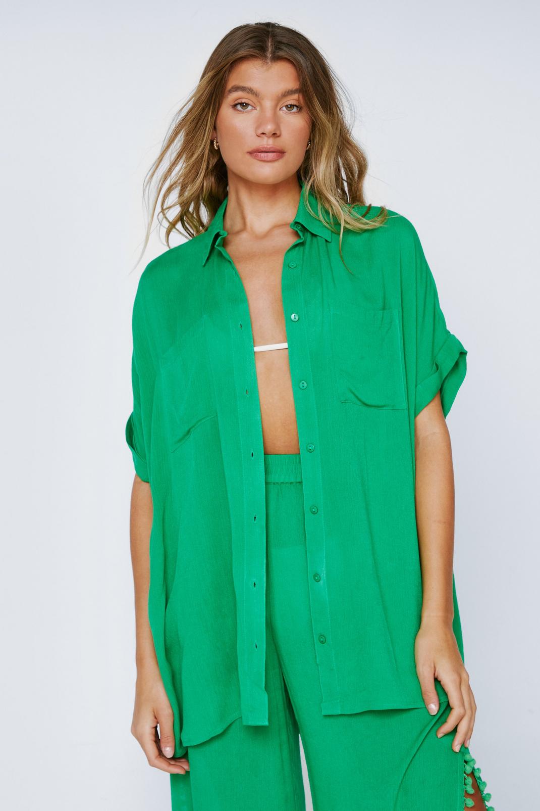 Green Crinkle Viscose Short Sleeve Oversized Shirt image number 1