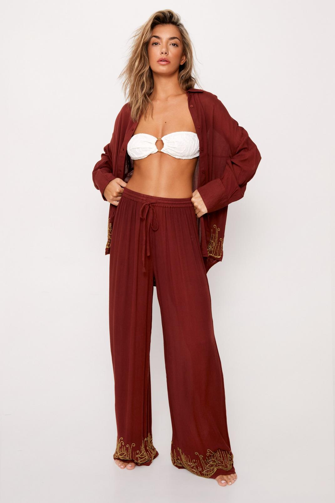 Rust Crinkle Beaded Wide Leg Cover Up Trousers image number 1