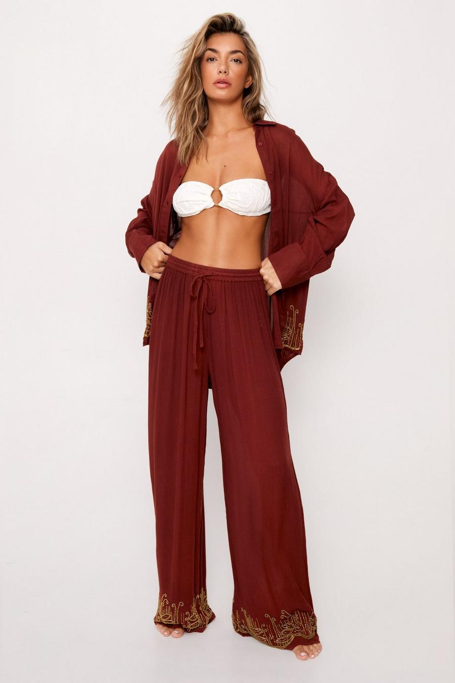Crinkle Beaded Wide Leg Cover Up Trousers