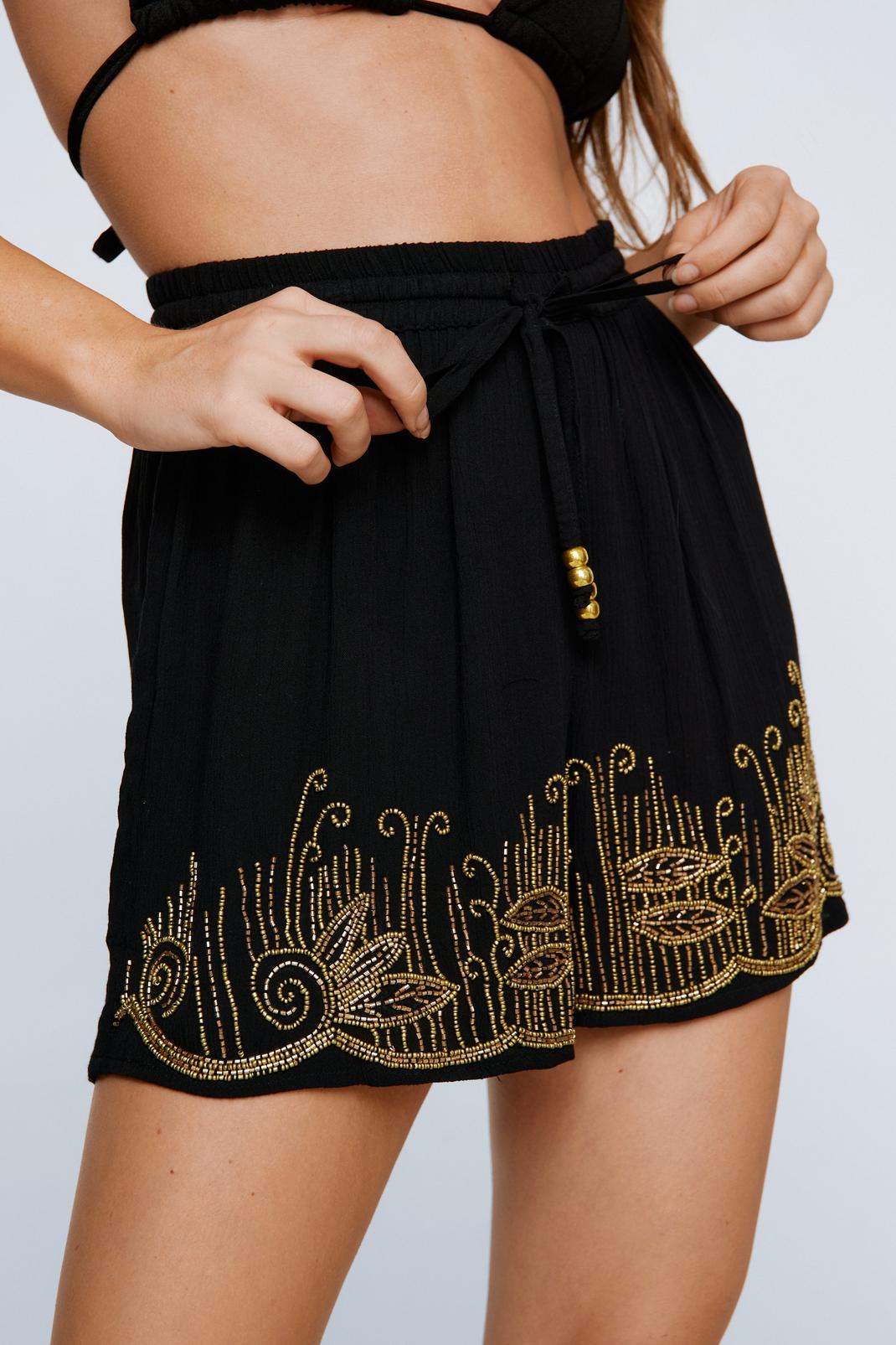 Black Crinkle Beaded Cover Up Shorts image number 1