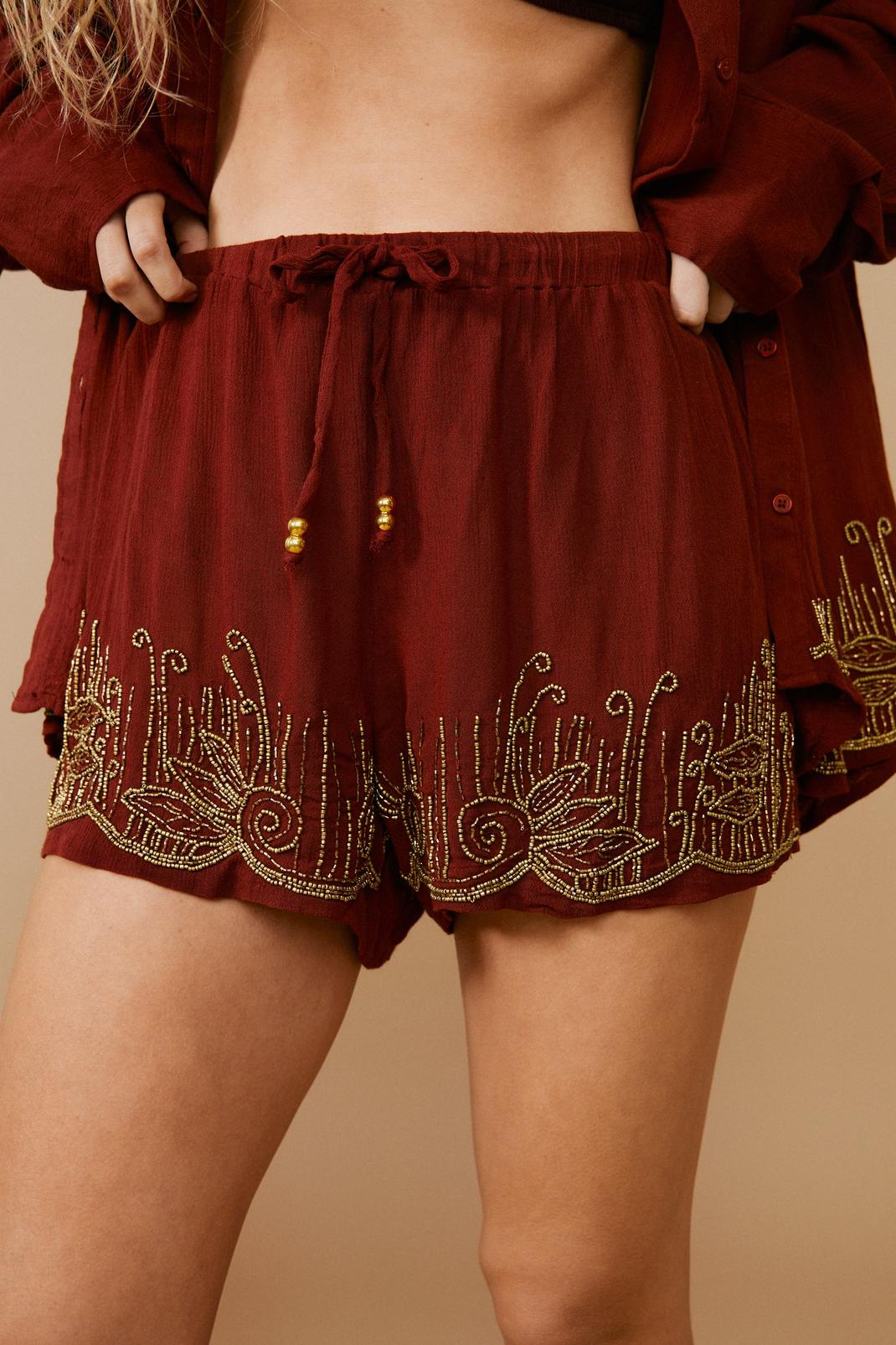 Rust Crinkle Beaded Cover Up Shorts image number 1